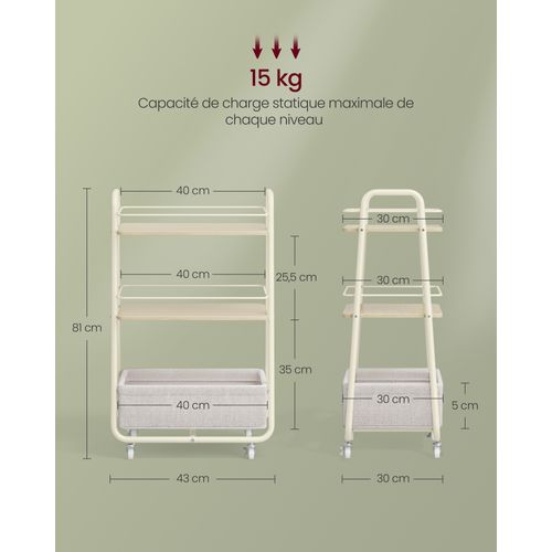 Chariot De Rangement Avec Panier En Tissu, Chariot à Roulettes à 3 Niveaux, Beige Et Blanc