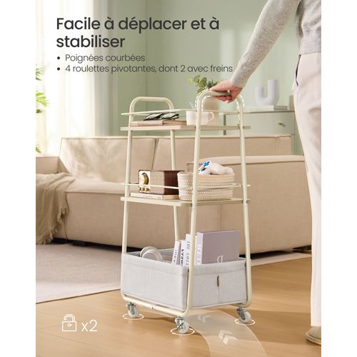 Chariot De Rangement Avec Panier En Tissu, Chariot à Roulettes à 3 Niveaux, Beige Et Blanc
