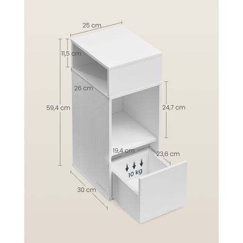 Table De Chevet, Petite Table D'appoint Avec 2 Compartiments Ouverts Et 1 Tiroir, 30x25x59,4cm,blanc