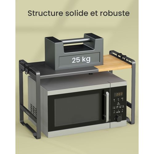 Étagère Pour Micro-ondes, Largeur Réglable De 41,5 à 64 Cm, 4 Crochets, Noir Et Bambou Clair