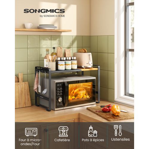 Étagère Pour Micro-ondes, Largeur Réglable De 41,5 à 64 Cm, 4 Crochets, Noir Et Bambou Clair