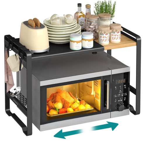 Étagère Pour Micro-ondes, Largeur Réglable De 41,5 à 64 Cm, 4 Crochets, Noir Et Bambou Clair