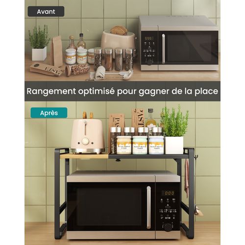Étagère Pour Micro-ondes, Largeur Réglable De 41,5 à 64 Cm, 4 Crochets, Noir Et Bambou Clair
