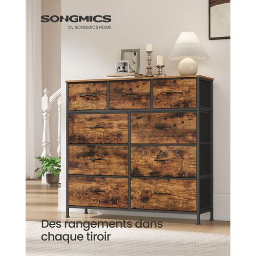 Commode à 9 Tiroirs De Rangement Pour Chambre à Coucher, Marron Rustique Et Noir Encre