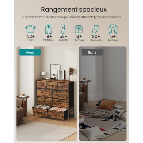 Commode à 9 Tiroirs De Rangement Pour Chambre à Coucher, Marron Rustique Et Noir Encre