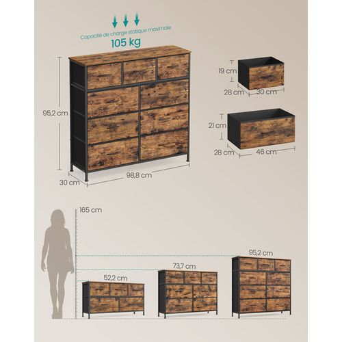 Commode à 9 Tiroirs De Rangement Pour Chambre à Coucher, Marron Rustique Et Noir Encre