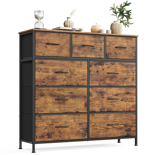 Commode à 9 Tiroirs De Rangement Pour Chambre à Coucher, Marron Rustique Et Noir Encre