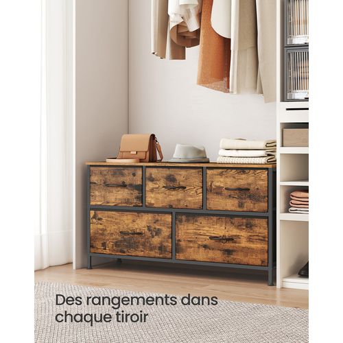 Commode à 5 Tiroirs De Rangement Pour Chambre à Coucher, Marron Rustique Et Noir Encre