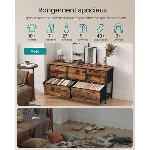 Commode à 5 Tiroirs De Rangement Pour Chambre à Coucher, Marron Rustique Et Noir Encre