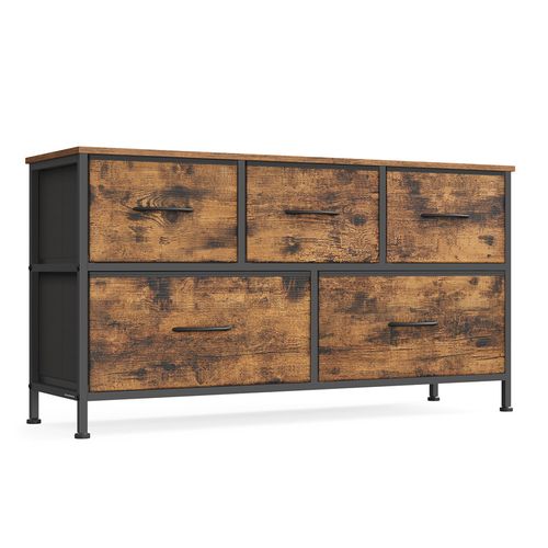 Commode à 5 Tiroirs De Rangement Pour Chambre à Coucher, Marron Rustique Et Noir Encre