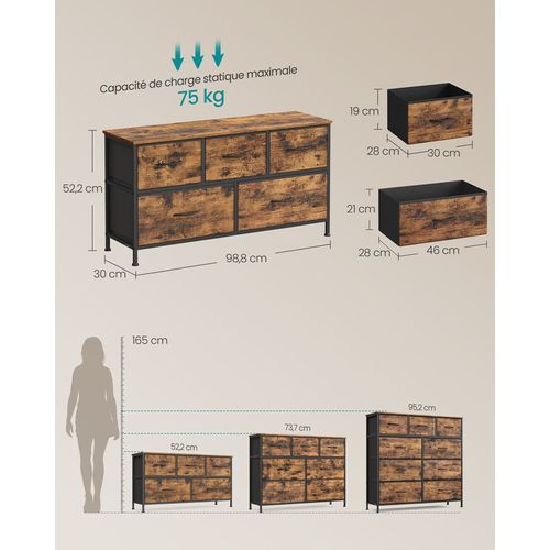 Commode à 5 Tiroirs De Rangement Pour Chambre à Coucher, Marron Rustique Et Noir Encre