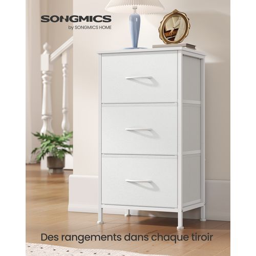Commode 3 Tiroirs, Meuble De Rangement Pour Chambre, Acier, Panneau Mdf, Tissu Non-tissé, Blanc