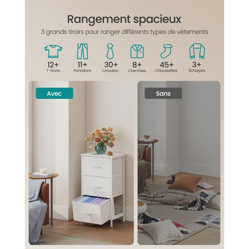 Commode 3 Tiroirs, Meuble De Rangement Pour Chambre, Acier, Panneau Mdf, Tissu Non-tissé, Blanc
