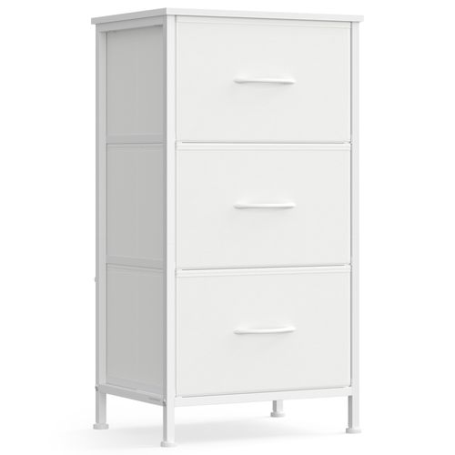 Commode 3 Tiroirs, Meuble De Rangement Pour Chambre, Acier, Panneau Mdf, Tissu Non-tissé, Blanc