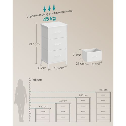 Commode 3 Tiroirs, Meuble De Rangement Pour Chambre, Acier, Panneau Mdf, Tissu Non-tissé, Blanc
