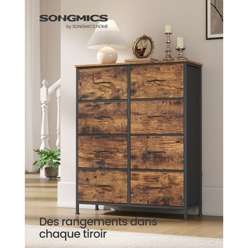 Commode à 8 Tiroirs En Tissu, Acier, Mdf, Tissu Non Tissé, Marron Rustique Et Noir Encre