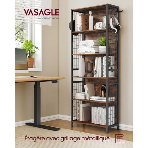 Bibliothèque, 6 Niveaux, 30 X 60 X 175,6 Cm, Avec 4 Crochets En S, Marron Rustique Et Noir D'encre