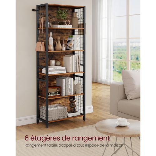 Bibliothèque, 6 Niveaux, 30 X 60 X 175,6 Cm, Avec 4 Crochets En S, Marron Rustique Et Noir D'encre