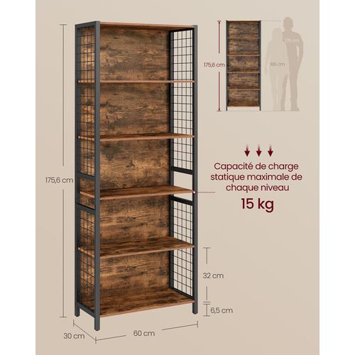 Bibliothèque, 6 Niveaux, 30 X 60 X 175,6 Cm, Avec 4 Crochets En S, Marron Rustique Et Noir D'encre