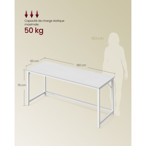 Bureau D'ordinateur, Table, 160 X 60 X 76 Cm, Cadre En Métal, Blanc Érable Et Blanc Nacré
