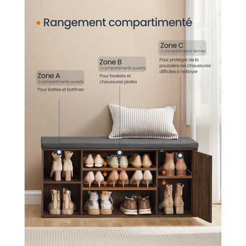 Banc à Chaussures, Meuble D’entrée Avec Rangement, Étagères Réglables, Noyer Naturel Et Gris
