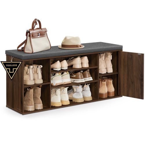 Banc à Chaussures, Meuble D’entrée Avec Rangement, Étagères Réglables, Noyer Naturel Et Gris