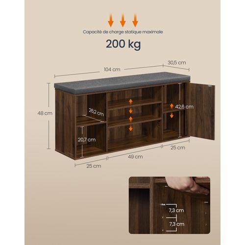 Banc à Chaussures, Meuble D’entrée Avec Rangement, Étagères Réglables, Noyer Naturel Et Gris