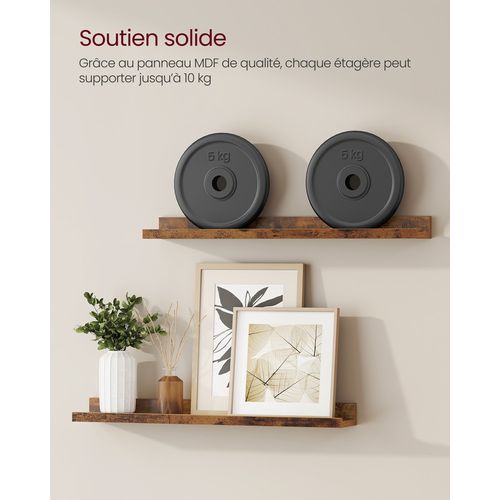 Lot De 2 Étagères Murales Flottantes, 60 Cm De Large, Bords Surélevés Marron Rustique