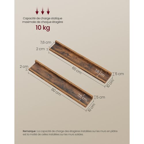 Lot De 2 Étagères Murales Flottantes, 60 Cm De Large, Bords Surélevés Marron Rustique