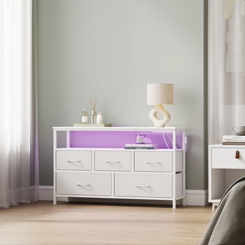 Meuble De Rangement Avec LED Réglable Et Multiprise, 5 Tiroirs En Tissu, Chambre, Blanc