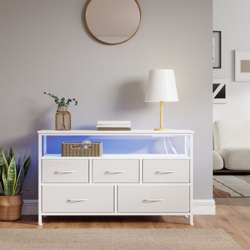 Meuble De Rangement Avec LED Réglable Et Multiprise, 5 Tiroirs En Tissu, Chambre, Blanc