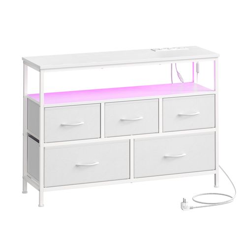Meuble De Rangement Avec LED Réglable Et Multiprise, 5 Tiroirs En Tissu, Chambre, Blanc