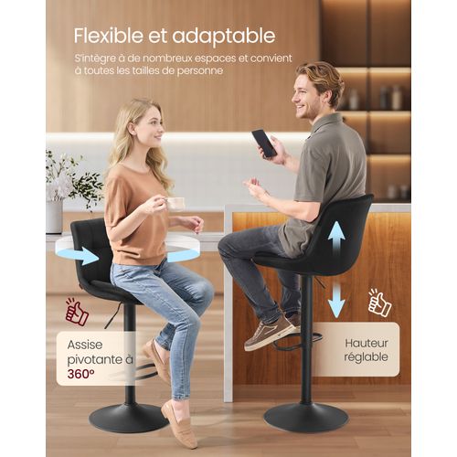 Tabourets De Bar, Lot De 4, En Velours, Siège Pivotant à Hauteur Réglable, Avec Dossier, Acier, Noir