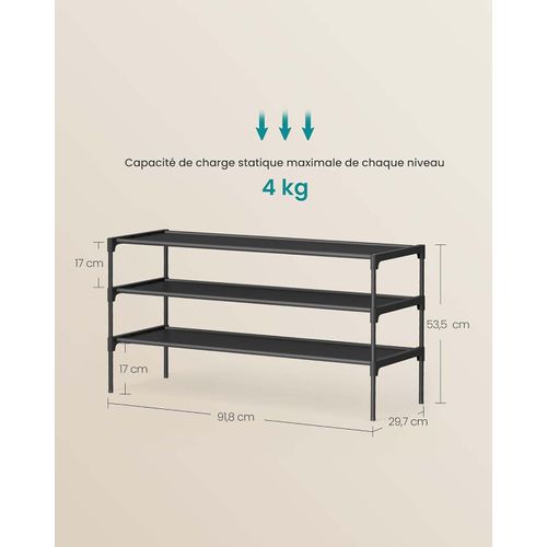Étagère à Chaussures 3 Niveaux, 29,7 X 91,8 X 53,5 Cm, Cadre En Métal, Étagères, Noir D’encre