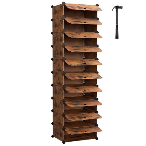 Étagère à Chaussures 10 Niveaux, Système D'étagères, Organiseur De Chaussures,avec Porte,marron