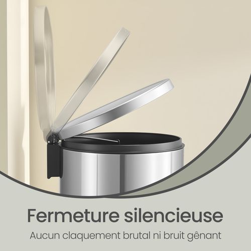 Poubelle à Pédale, Rond, Seau Intérieur Amovible, Fermeture En Douceur, 30 L, Argent