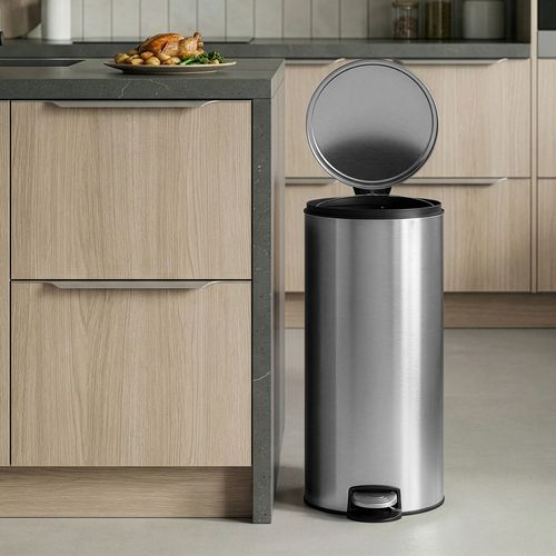 Poubelle à Pédale, Rond, Seau Intérieur Amovible, Fermeture En Douceur, 30 L, Argent