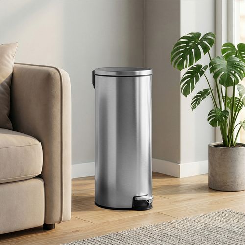 Poubelle à Pédale, Rond, Seau Intérieur Amovible, Fermeture En Douceur, 30 L, Argent