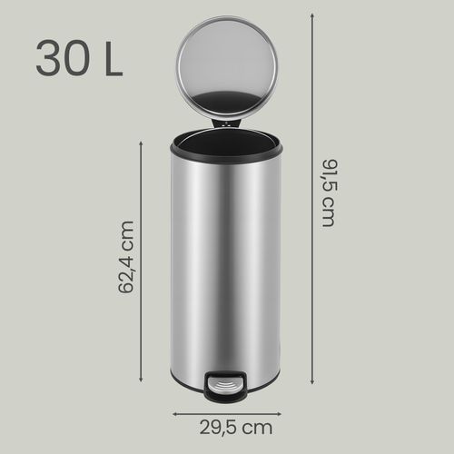 Poubelle à Pédale, Rond, Seau Intérieur Amovible, Fermeture En Douceur, 30 L, Argent