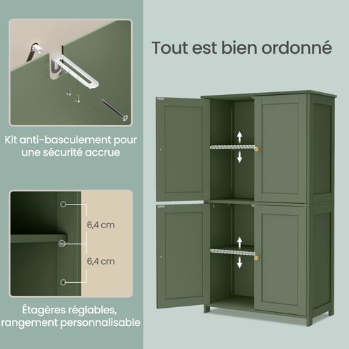 Armoire Haute De Rangement, Meuble De Cuisine Avec 4 Portes, 2 Étagères Réglables, Vert