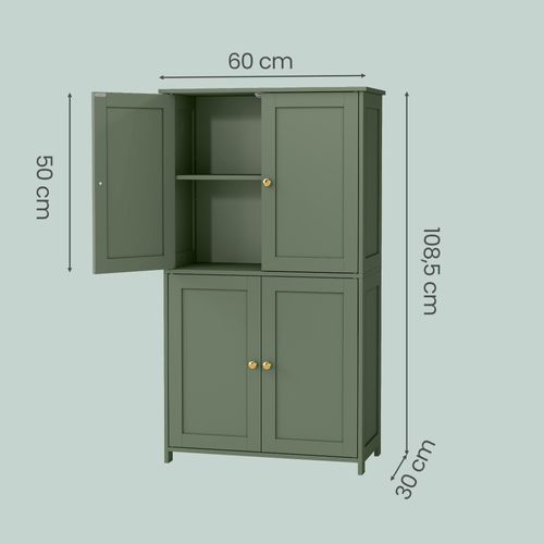 Armoire Haute De Rangement, Meuble De Cuisine Avec 4 Portes, 2 Étagères Réglables, Vert