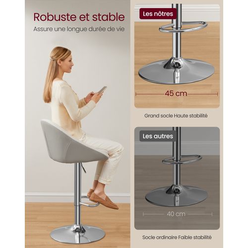 Tabouret De Bar, Lot De 4, Chaise De Cuisine, Réglable En Hauteur, Pivotant à 360°, Blanc Et Gris