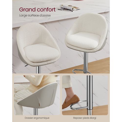 Tabouret De Bar, Lot De 4, Chaise De Cuisine, Réglable En Hauteur, Pivotant à 360°, Blanc Et Gris