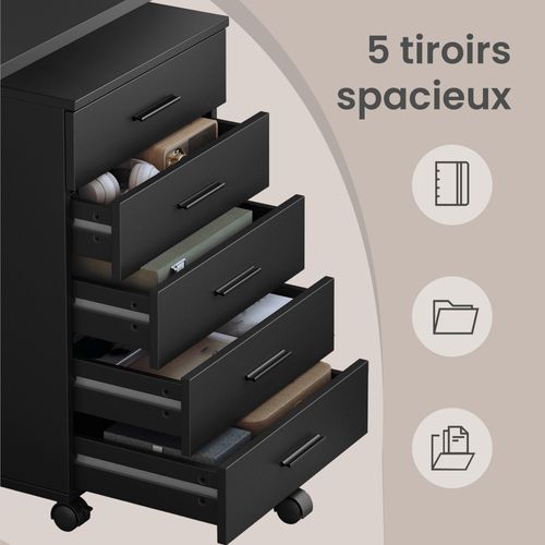 Caisson De Bureau à Roulettes, Support Pour Imprimante, Avec 5 Tiroirs, Rails Coulissants, Noir