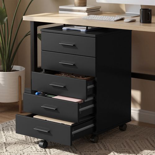 Caisson De Bureau à Roulettes, Support Pour Imprimante, Avec 5 Tiroirs, Rails Coulissants, Noir