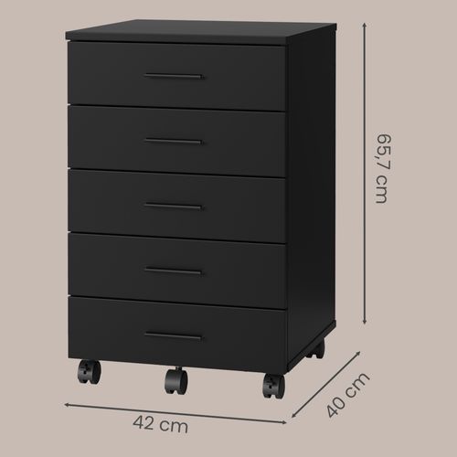 Caisson De Bureau à Roulettes, Support Pour Imprimante, Avec 5 Tiroirs, Rails Coulissants, Noir
