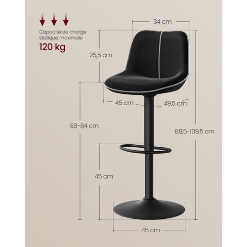 Lot De 4 Tabourets De Bar, Pivotants, Réglables En Hauteur, Dossier Ergonomique, Noir
