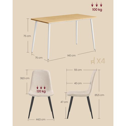 Ensemble De Salle à Manger, Table à Manger Avec 4 Chaises, Pour 4 à 6 Personnes, Doré Et Blanc