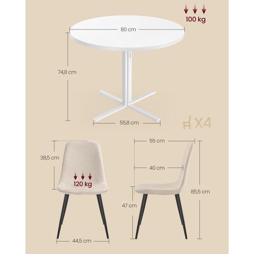 1 Table Ronde Avec 4 Chaises De Salle à Manger, Ensemble De Salle à Manger, Support En Acier, Blanc
