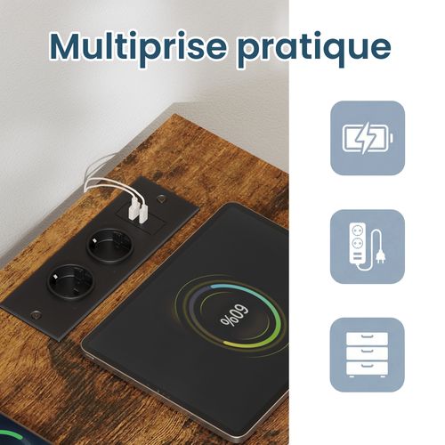 Meuble De Rangement Avec LED Réglable Et Multiprise, 5 Tiroirs En Tissu, Chambre, Marron Et Noir